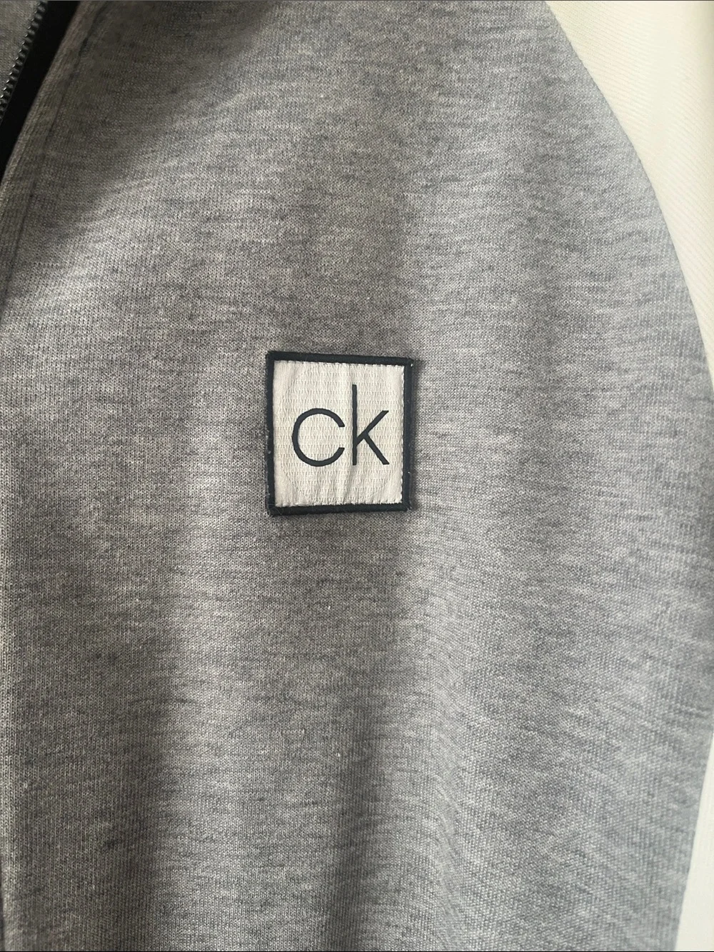 Calvin Klein Gray, White & Navy Zip-Up Sweater with Red Stripe